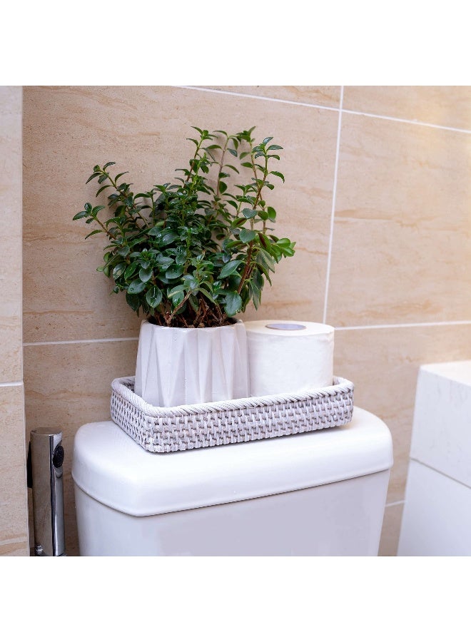 CELEZAR Farmhouse Toilet Paper Holder 10 x 6 x 2 in White Serving Tray Decorative Toilet Paper Basket Storage Bathroom Sink Vanity Trays Shallow Storage Bins Vanity Tray Rattan Guest Towel Napkin (White Wash) - Image 3